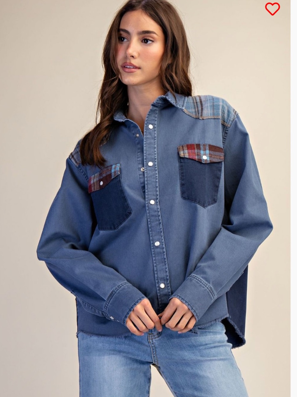 536. Plaid mix mineral wash denim Shacket
